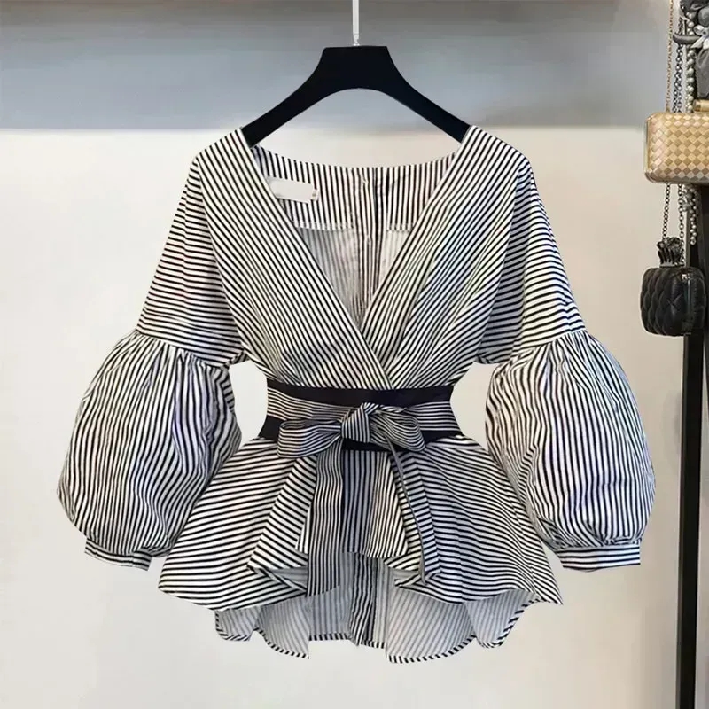 Women Elegant V-Neck Stripe La - Korean Lifestyle recension och pris